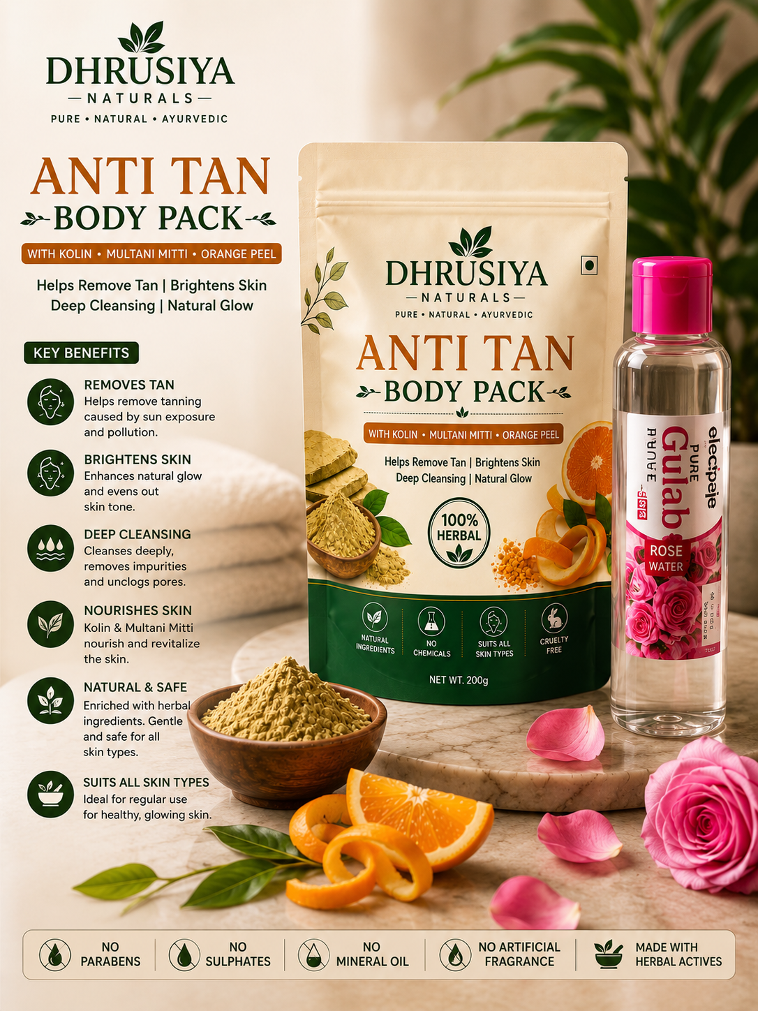 Dhrusiya Naturals Anti Tan Body Pack with Pure Gulab Jal – Herbal Skin Care for Fresh & Radiant Glow