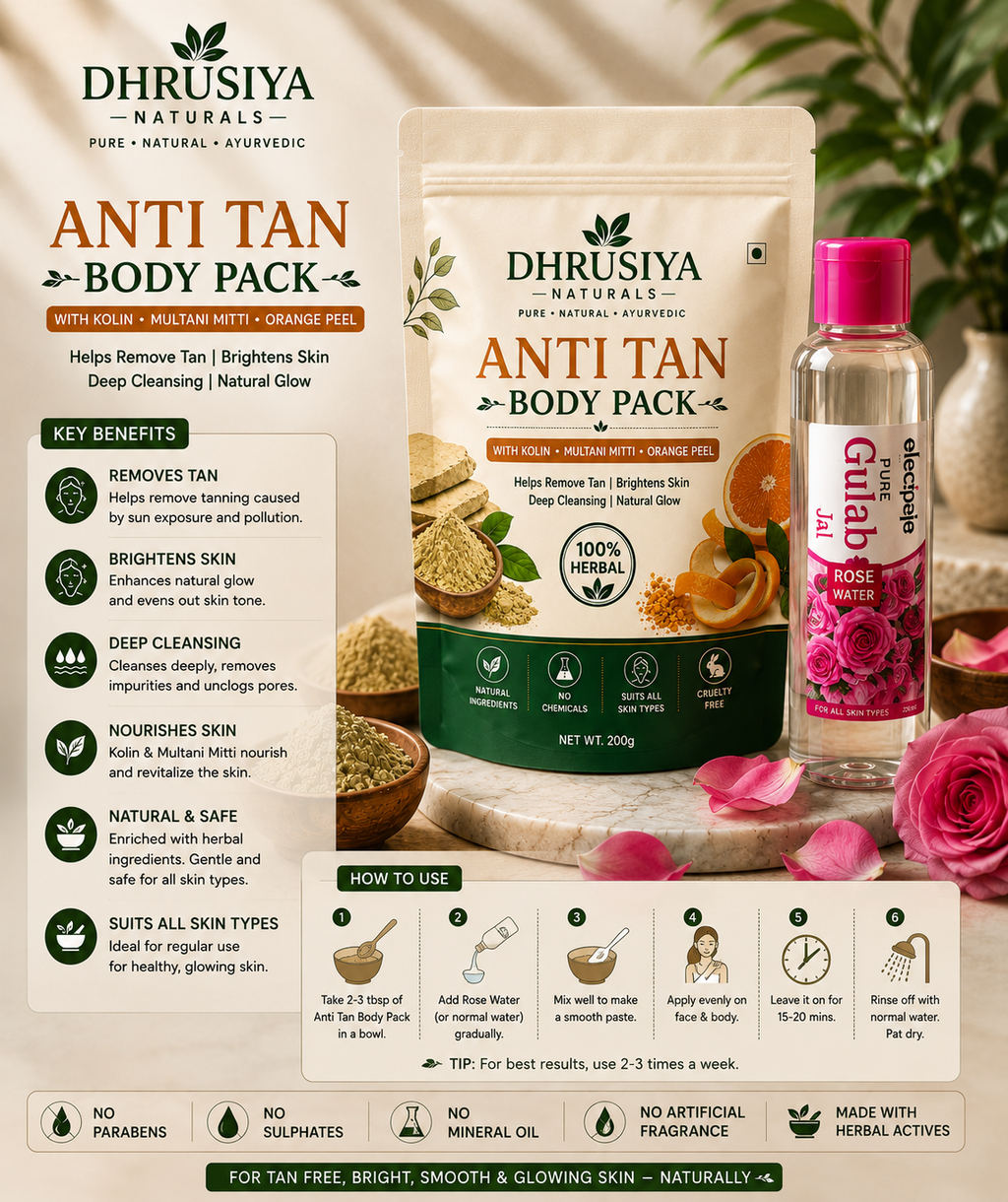 Dhrusiya Naturals Anti Tan Body Pack with Pure Gulab Jal – Herbal Skin Care for Fresh & Radiant Glow