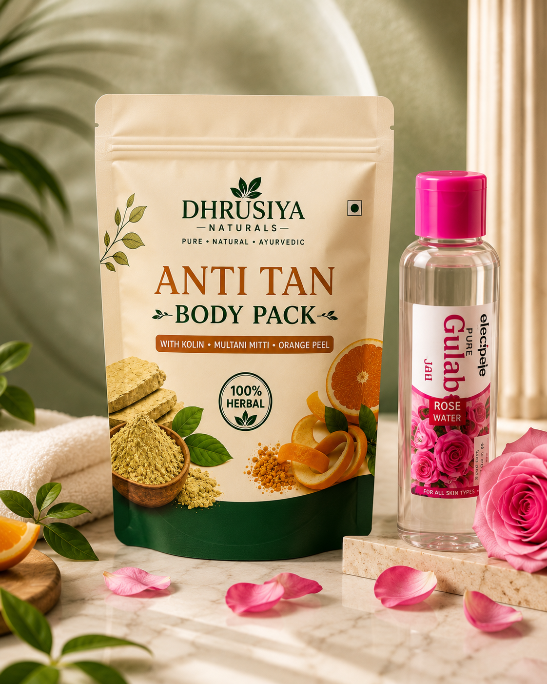 Dhrusiya Naturals Anti Tan Body Pack with Pure Gulab Jal – Herbal Skin Care for Fresh & Radiant Glow