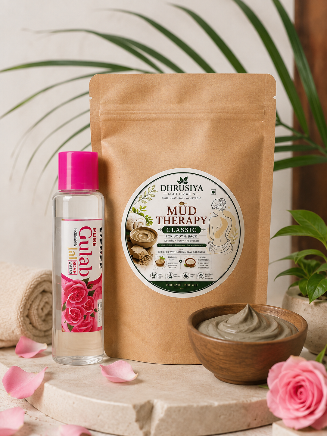 Dhrusiya Naturals Classic Mud Therapy for Body & Back with Pure Gulab Jal – Herbal Body Care