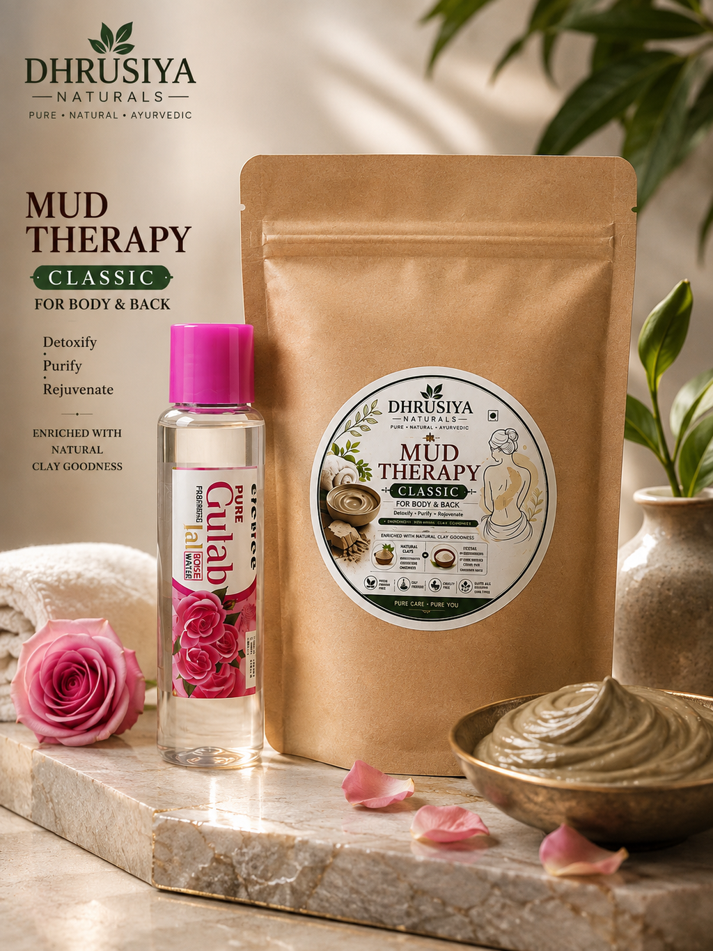 Dhrusiya Naturals Classic Mud Therapy for Body & Back with Pure Gulab Jal – Herbal Body Care