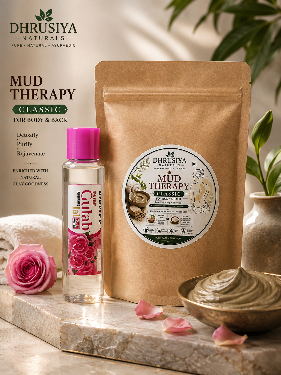 Dhrusiya Naturals Classic Mud Therapy for Body & Back with Pure Gulab Jal – Herbal Body Care