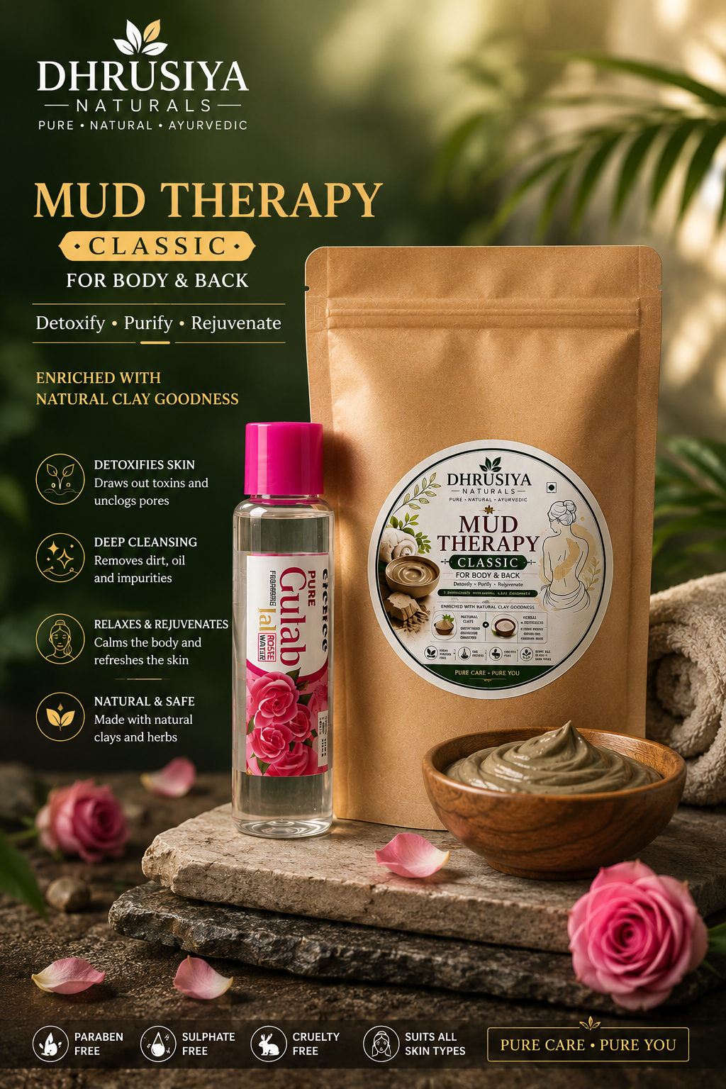 Dhrusiya Naturals Classic Mud Therapy for Body & Back with Pure Gulab Jal – Herbal Body Care