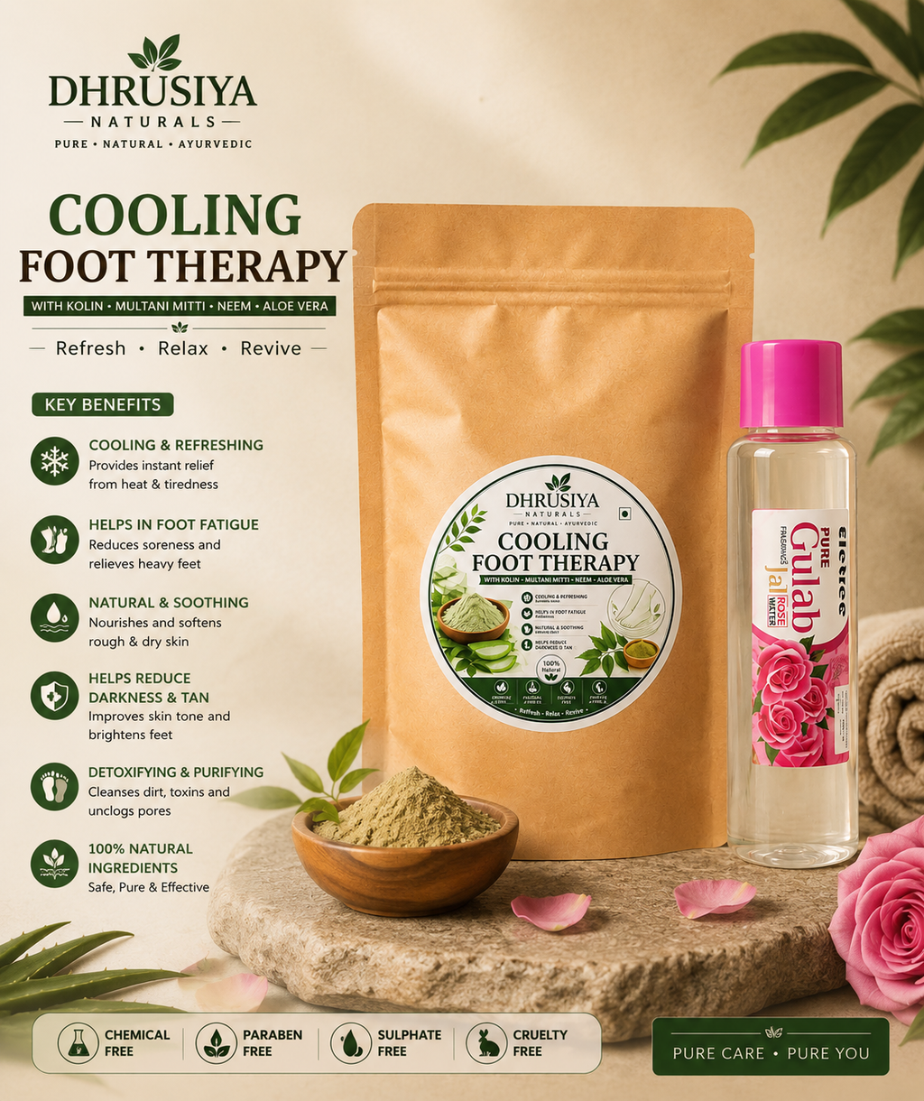 Dhrusiya Naturals Cooling Foot Therapy with Pure Gulab Jal – Herbal Foot Care for Refreshing & Soothing Comfort
