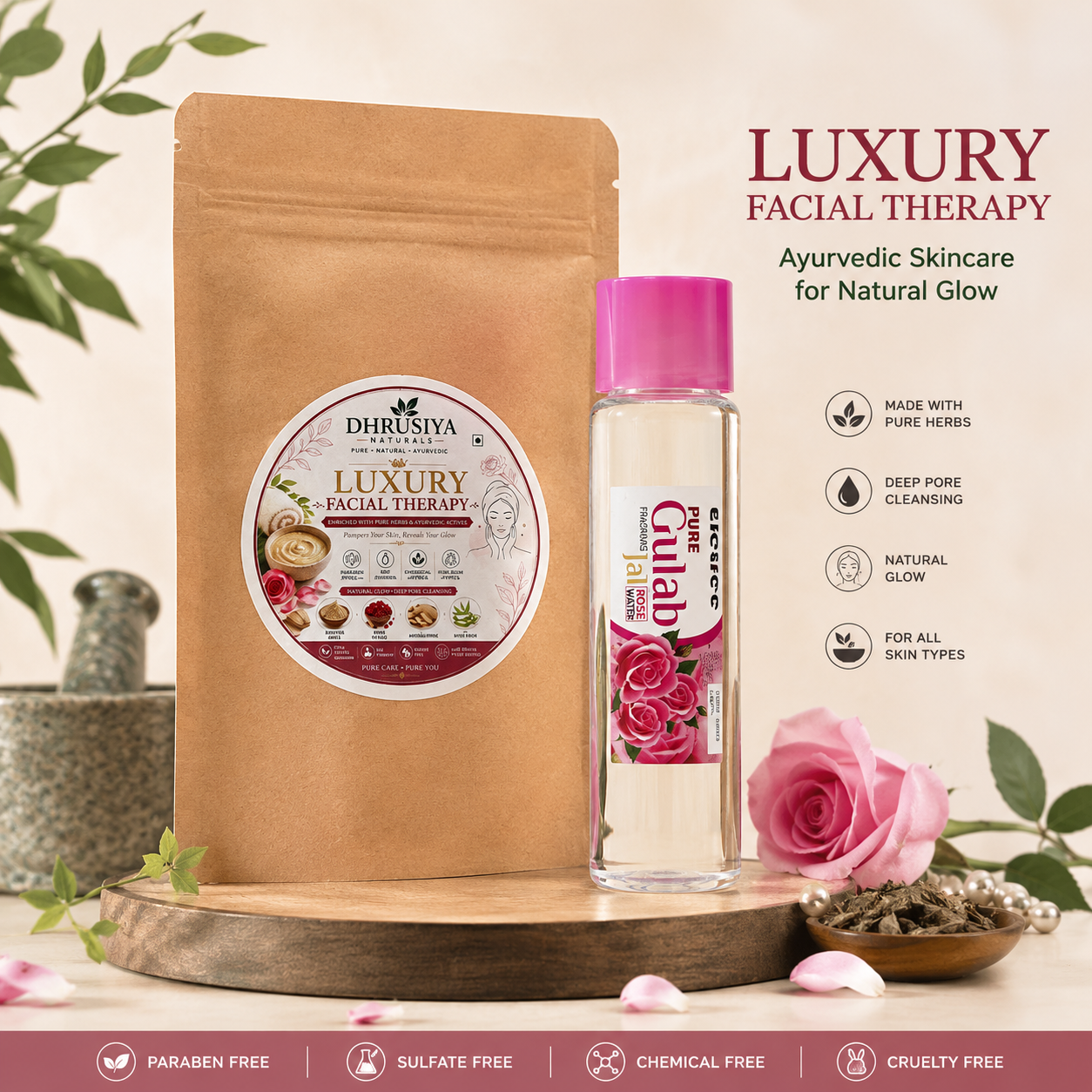 Dhrusiya Naturals Luxury Facial Therapy Kit with Pure Gulab Jal – Ayurvedic Skincare for Natural Glow